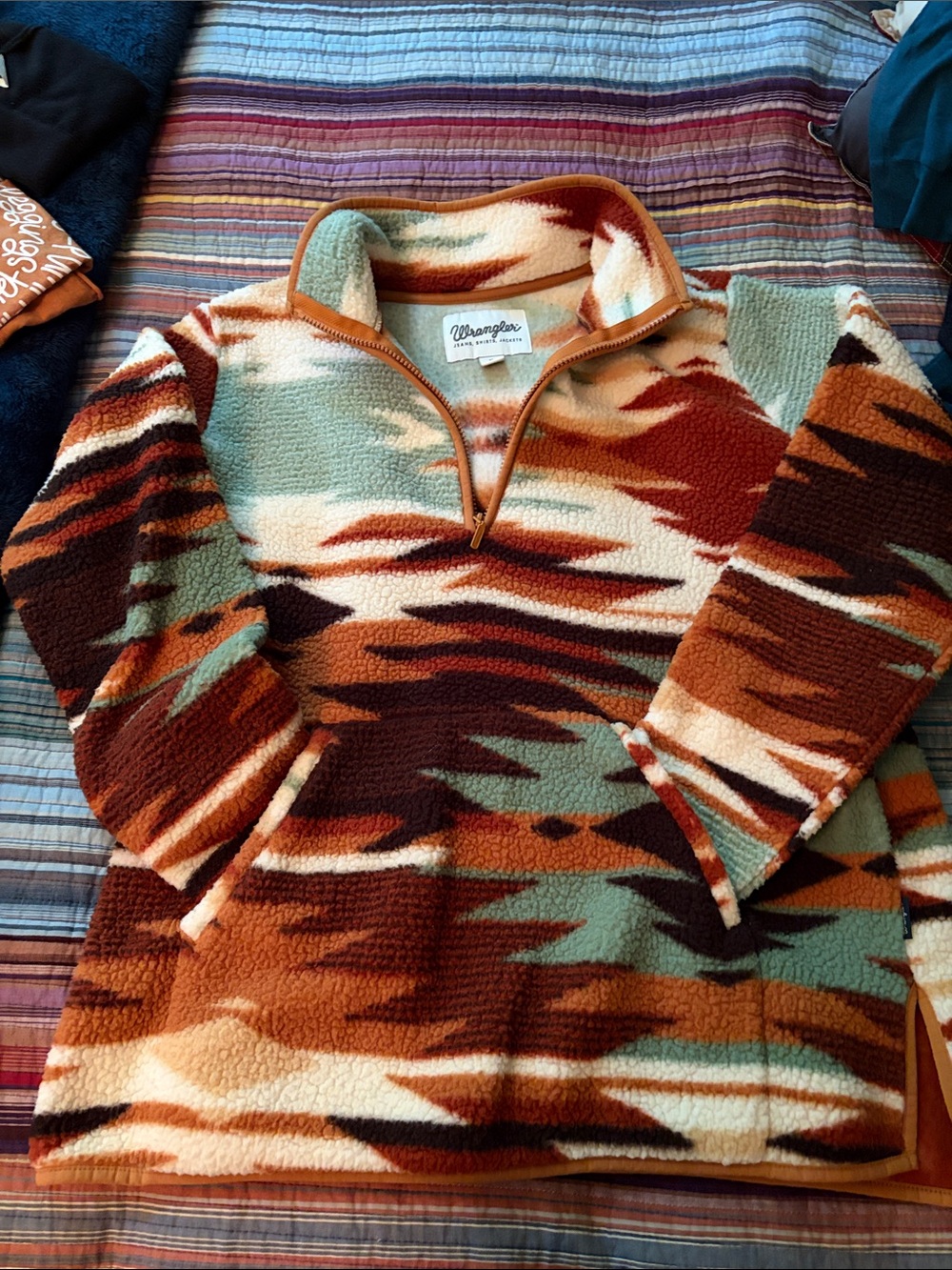 Wrangler Aztec Sherpa Pullover in Rust, Mint, Cream, Brown - Picture 2 of 5